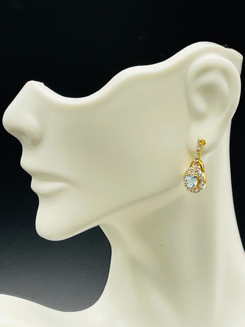 New 18K over Sterling Silver 1.44CTW Round Blue White Topaz Drop Stud Earrings